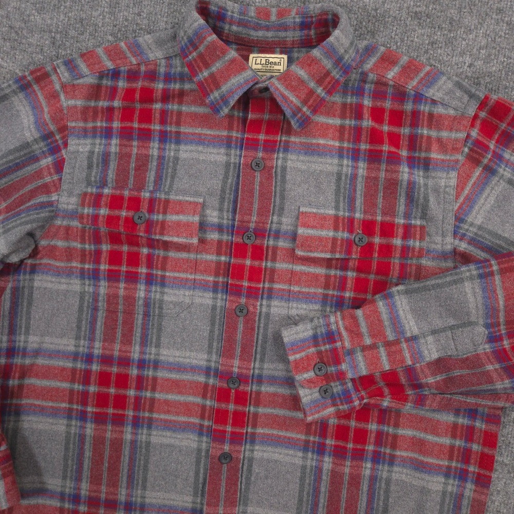 LL Bean Chamois Shirt Mens M Gray Red Blue Plaid Heavyweight Flannel Traditional